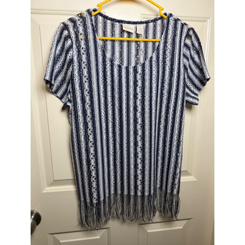 Chicos Blue White Striped Crochet Knit Fringe Hem Top Size 1 Medium Short Sleeve